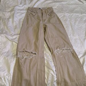 Bershka Tan Distressed Flare Jeans
